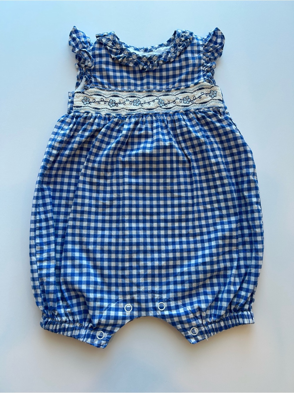 Bonnie Baby Blue and White Gingham Smocked One-Piece
